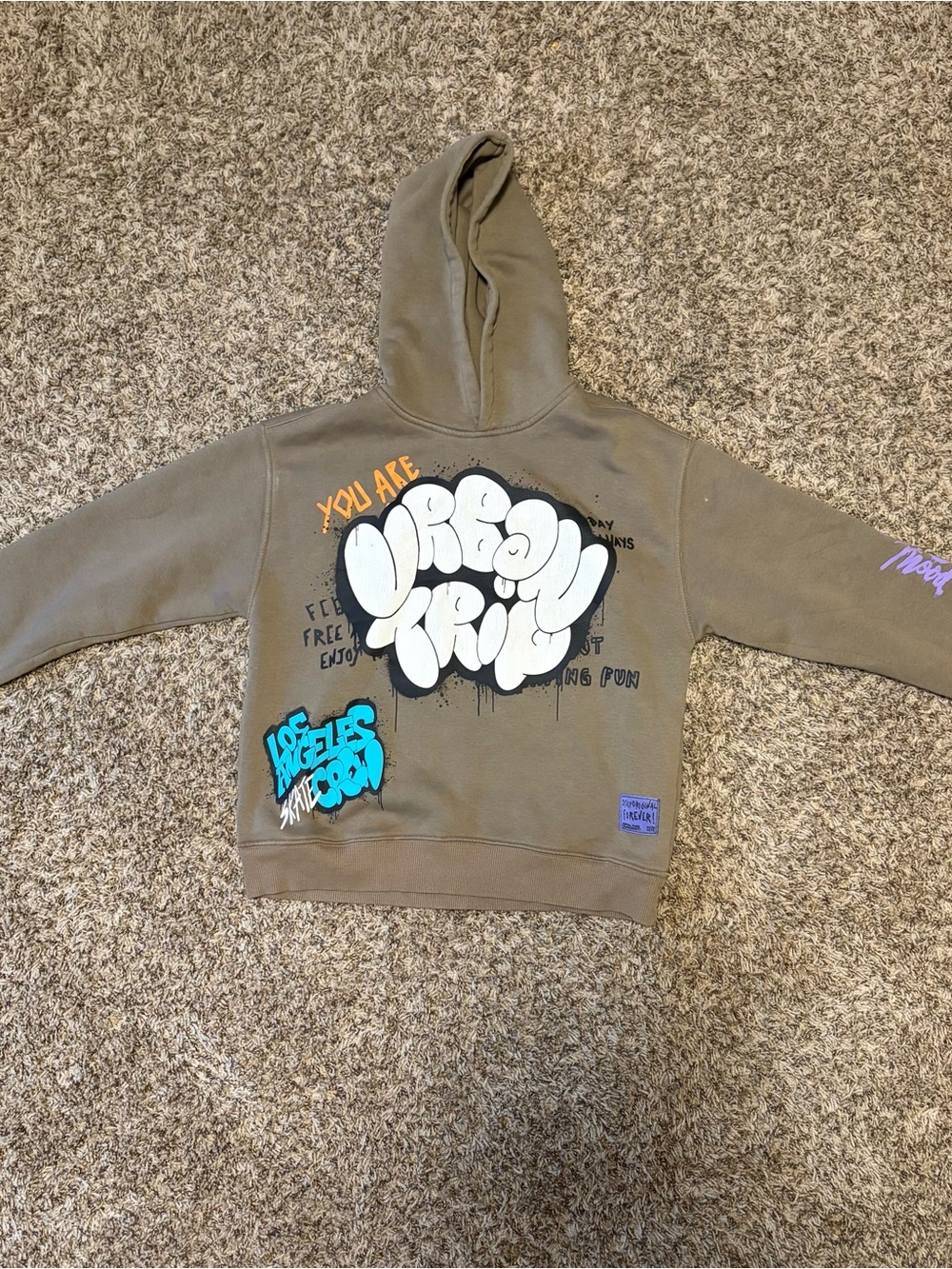 Boys Zara Olive Green Hoodie with White Bubble Graphic and Multicolor Accents
